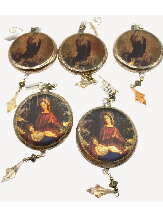 None detected Other - Vintage Blown Glass Ornaments Christmas Mary Jesus Gold Glitter Beads Set of 5
